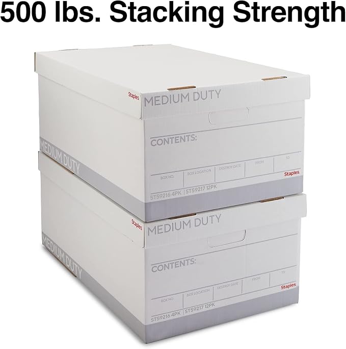 STAPLES Medium Duty File Box, Lift Off Lid, Legal, White/Gray, 12/Carton