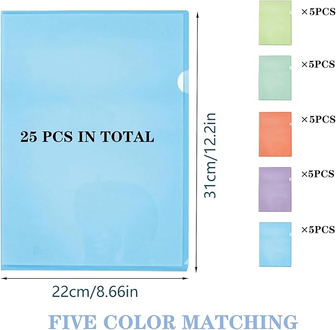 25 Pack L-Type Clear Plastic Folder A4 Letter Size Plastic Document Folder Project Pockets for School Office, 5 Colors