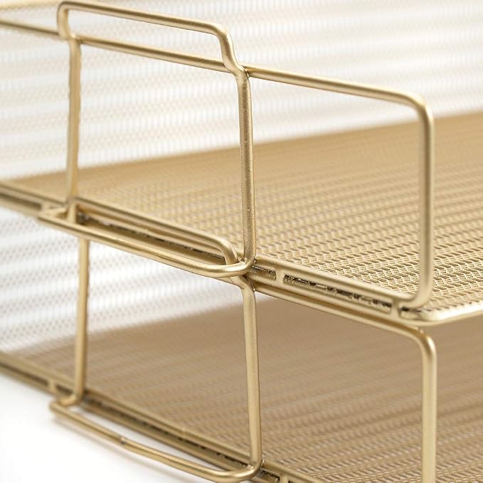 BLU MONACO | Paper Tray Stackable Gold Mesh Set of 2 | Stackable File Trays for Desk Organization | Tiered Desk Organizer with Metal Letter Trays