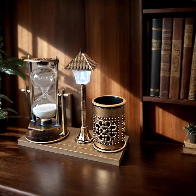 Vintage Style Desk Organizer Set with Hourglass Timer, Decorative Pen Holder, Bronze Finish, pen organizer for desk, vintage office decor, sand timers, desk organizer pen holder