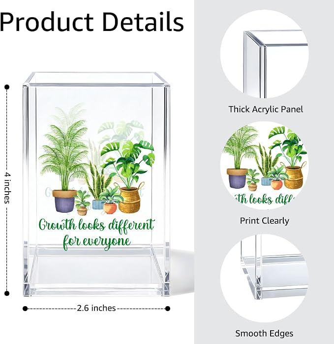 Growth Looks Different for Everyone Acrylic Pen Holder Cosmetic Organizer, Funny Potted Pencil Holders for Desk, Desk Accessories Office Gifts for Special Education Teacher Plant Lover Therapy