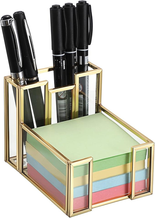 BTSKY Golden Glass 3x3 Inch Sticky Note Holder with Pen Slot, Elegant Post It Note Dispenser with Non-Slip Pads Clear Notepad Holder for Desk Organization Planning, Home Office Decor