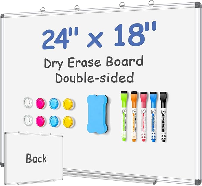 EAONE Magnetic Dry Erase Board for Wall 24” x 18”, Double Sided White Board, Silver Aluminum Frame Whiteboard Kit for Office Home School, with 1 Dry Eraser & 4 Magnetic Pins & 5 Multicolor Markers