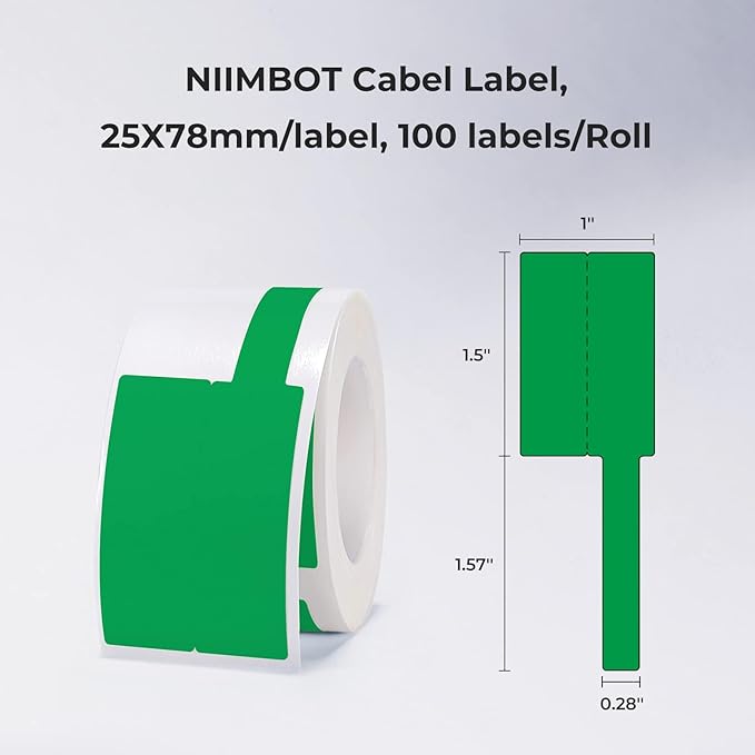 NIIMBOT Cable Label for B1/B21/B3S/K3 Label Printer, Waterproof, Oil-Proof Cable Tags(1'' x 3''),1 Roll of 100 Thermal Sticker Labels (Green)