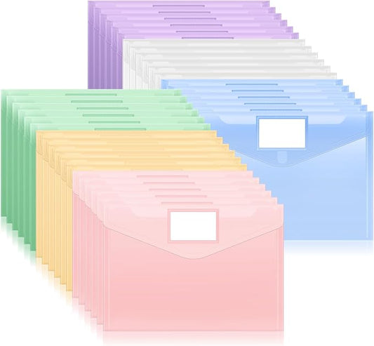 Sooez 36 Packs Plastic Envelopes Plastic File Folders, Clear Document Organizer Folder US Letter A4 Size Folders for Documents with Label Pocket for School Office Work Home Organization, Fresh Colors