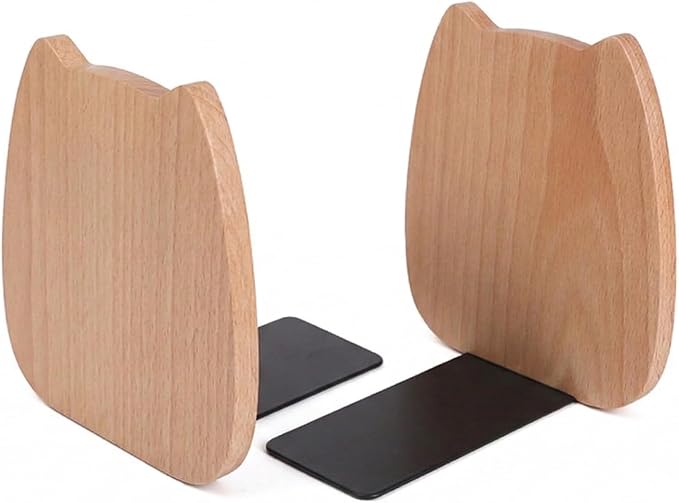 Cute Kitten-Shaped Book Ends for Shelves, Detachable Design Bookends for Heavy Books, with Anti-Slip Foam Pads, an Ideal Gift for Book Fans (Pack of 2,Beech Wood Kitten)