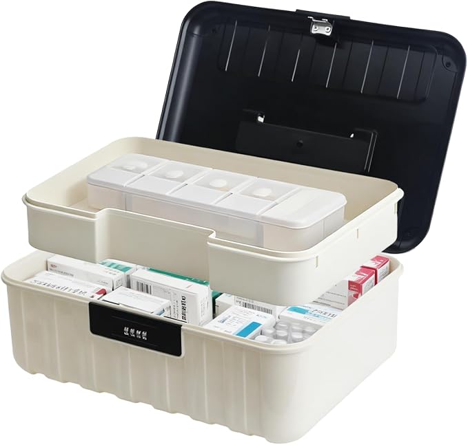 Saim Lockable Storage Box with Resettable Combination Lock, Plastic Trunk with Handle for Home, Office, Travel, Documents, Jewelry, Medicines, Snacks, Cell Phone Smart Device (Black-Large)