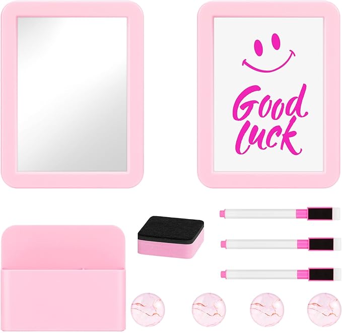 MoKo Locker Accessories Set, 11PCS Back to School Supplies Includes Magnetic Mirror, Whiteboard, Markers, Pen Holder, Magnets, Locker Organizer for School Office (Pink)