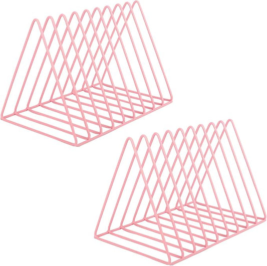 EASEPRES Vinyl Record Holder Storage, 9 Slot Metal Magazine Book Album Display Rack, Stylish Triangle Desktop File Sorter Organizer for Home Office, Pink Pack of 2