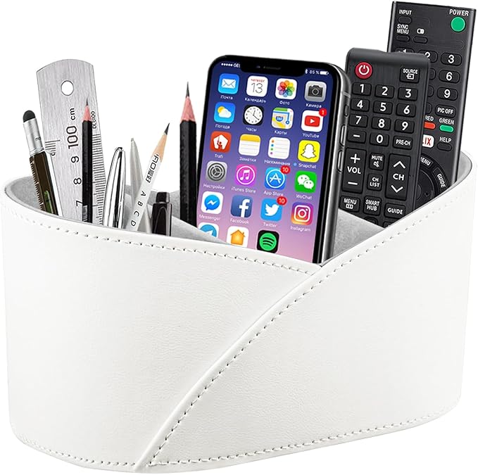 PU Leather TV Remote Control Holder with 3 Compartments, Bedside Table Remotes Caddy, Office Desk Accessories and Workspace Organizers, Storage Box to Store Pen, Controllers, Media Player, Cosmetics