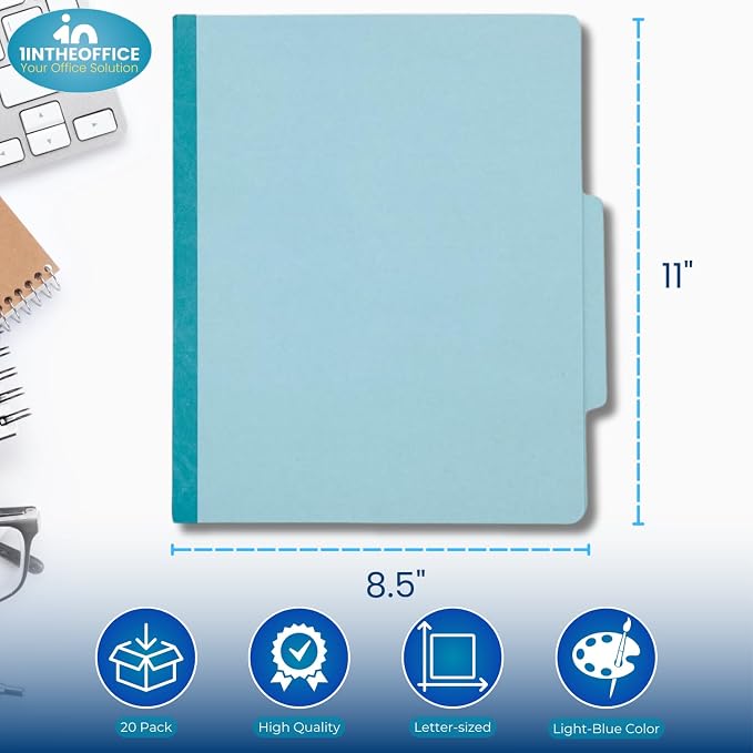 1InTheOffice Classification Folders, 2 Divider Classification Folders, File Folders with Dividers, 2.5" Expansion, Letter Size, Light Blue, 20 Pcs