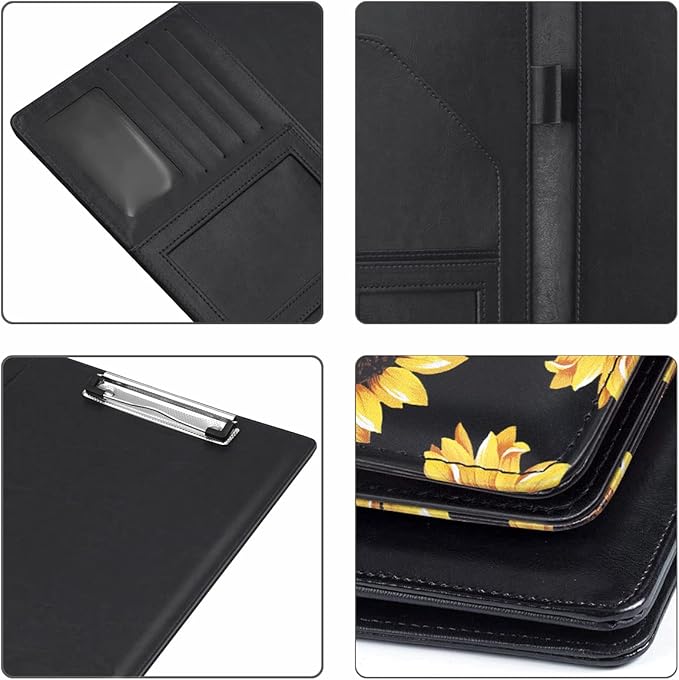 WAVEYU Portfolio Case for Women, Cute Padfolio Cover Folder, Conference/Resume/Legal Document Organizer with Letter/A4 Size Clipboard Hardboard, Business Card Holders, Document Sleeve, Sunflower