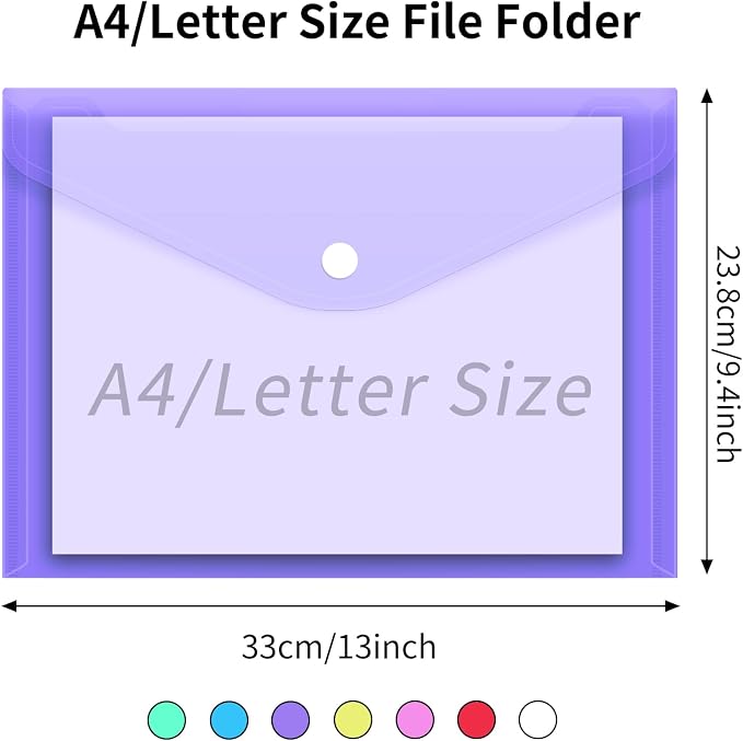 EOOUT 14pcs Plastic Envelopes, Plastic Folders for Documents, Poly Folders with Snap Closure, A4 Size, Letter Size, for School and Office Supplies