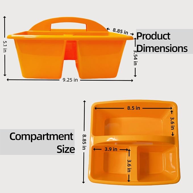 6 Pack Classroom Caddy with Handle, Plastic Storage Caddy Organizer with 3 Compartments, Desk Caddies Portable Storage Bin for Pencil, Crayon, Marker, Home, Office, Classroom Supply, Rainbow Colors