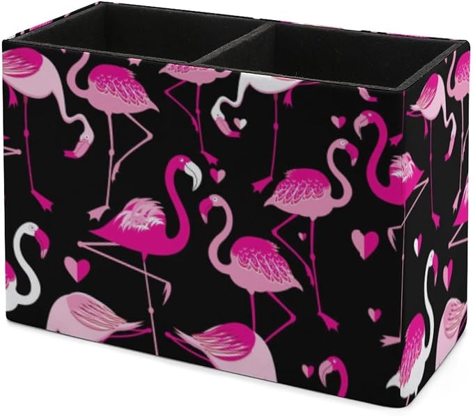 Desk Organizer Pen Holder Pink Love Heart Flamingo with Anti Slip Bottom, Decoration Office Desk Square Brush Pot, Multi-Functional PU Leather Pen Container