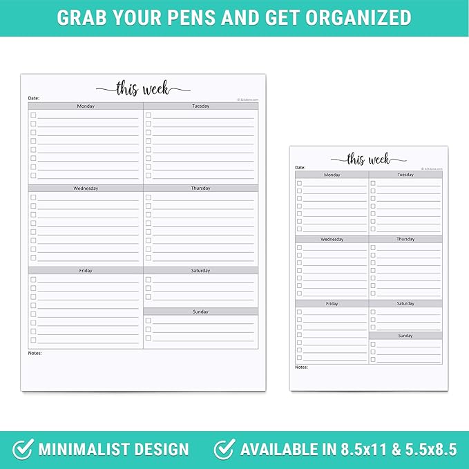321Done Weekly Checklist Planning Pad - 50 Sheets (8.5" x 11") - This Week to Do Notepad Tear Off, Desktop Planner Large Letter-Size - Made in USA - Simple Script