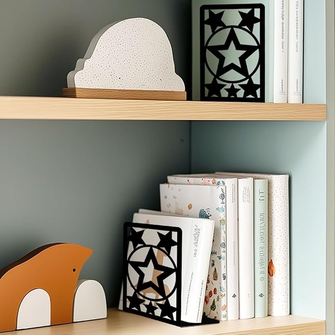 Star Metal Bookends for Shelves Decorative Books for Desk Organizer, Tall Sturdy Metal Book Ends for Heavy Books, Book Shelf Book Holder for Office Library Decor and Home Decor