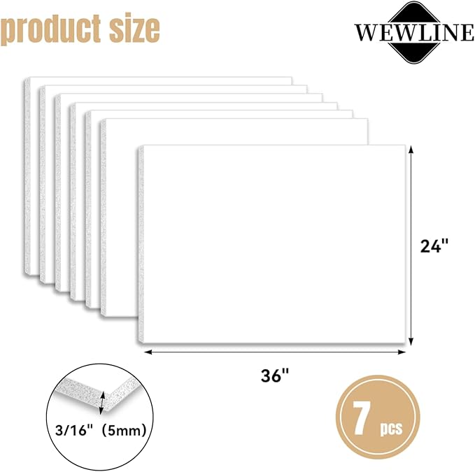 WEWLINE 7Pack White Foam Board, 24x36", 3/16 Inch Thick Poster Board, White Foam Core Board, Lightweight, Durable for Arts, Crafts, Presentations & School Projects