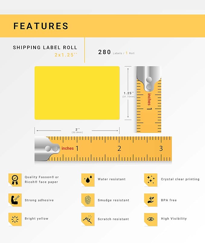 HOUSELABELS 2" x 1.25" Yellow Multipurpose Labels on 0.75" Core Compatible with Zebra and Rollo Printers, 60 Rolls / 280 Labels per Roll