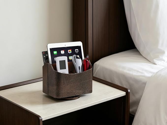 PU Leather Remote Control Holder, 360 Degree Rotating Desk Organizer Luxury Desktop Storage Rack, Rotating Bedside Storage Box for Desktop Office Living Room Bedroom (Brown Grape Pattern)
