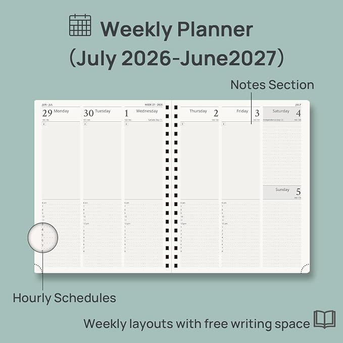 POPRUN 2026-2027 Academic Year Weekly and Monthly Planner Calendar,Jul 2026 - Jun 2027，10" x 8"， Daily Agenda Book & Appointment Book with Hourly Schedule, Tabs, Hardcover, School and Office Supplies - Pacific Green