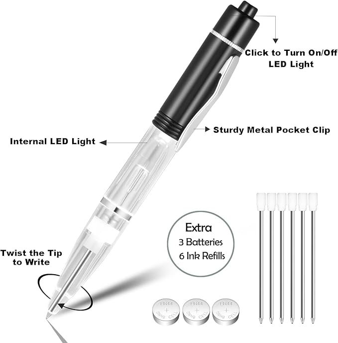 Glovion LED Light Pen, Lighted Ballpoint Pen Penlight for Nighttime Writing, LED Writing Pen Fine Point Black Ink–Mixed Color - Pack of 4 Pens