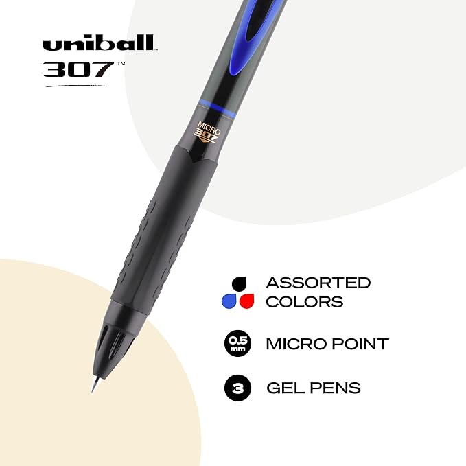 Uniball 307, 0.5mm Micro Point Gel Pens 3 Pack Assorted Colored Pens, Pens Fine Point, Smooth Writing, Pens Bulk for Office Supplies, Uniball Sells Gel Pens, Ballpoint Pens, and Ink Pens