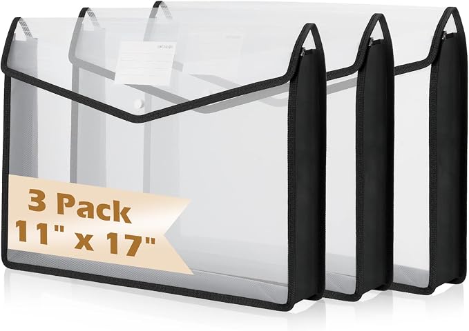 3 Pcs 11 x 17 Inch Expandable Tabloid Size Document Folder with Label A3 Plastic Folders for Documents Expanding File Wallet Envelope Size (3, Black)