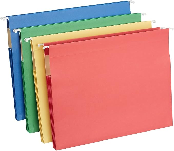 Staples Hanging File Folders, Letter Size, 3.5" Expansion, Assorted Colors, Heavy‑Duty Box‑Bottom – 4/Pack