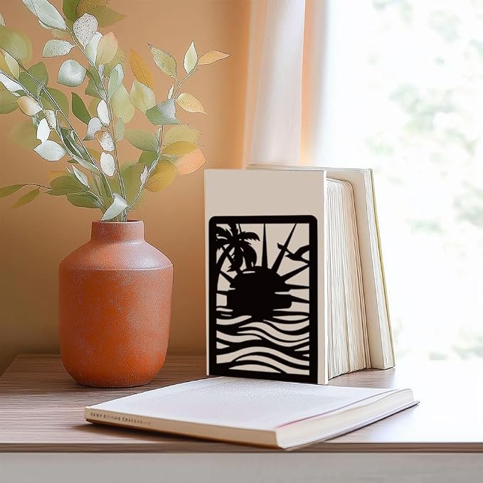 Sunrise Book Shelf Decorative Bookends for Shelves, Book Ends for Heavy Books, Black Beach Metal Bookends for Desk Organizer, Office Library Decor Decorative Books for Home Decor