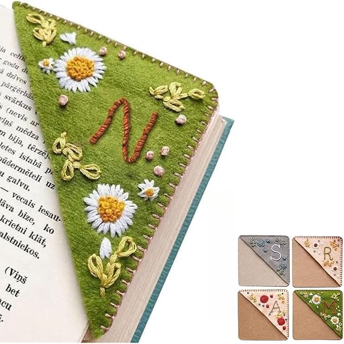 Personalized Hand Embroidered Corner Bookmark, 26 Letters Cute Flower Embroidered Corner Bookmark Embroidery Book Marker Clip for Book Lovers Bookmarks for Reading Lovers Meaningful GIF (Summer, N)