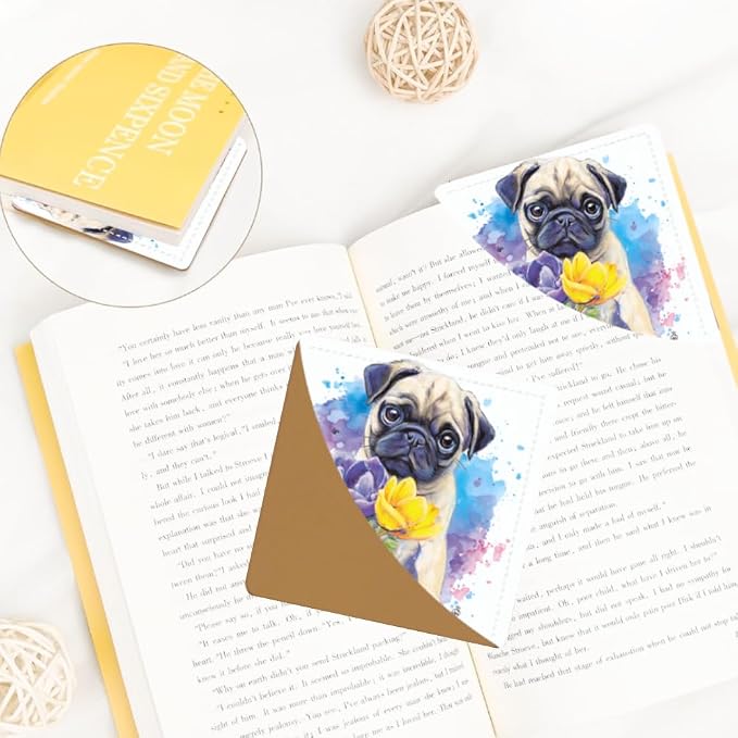 2PCS PU Leather Bookmarks 3.5x3.5 Inch Pug Yellow Flower Design | PU leather bookmarks with pug yellow flower design for novels, journals, planners, pet lovers, students and book fans