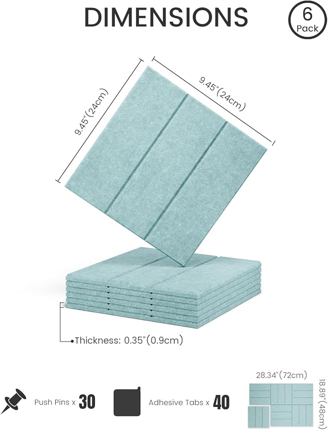 Fluxynara Felt Bulletin Board Tiles -28"x18" with 40 Adhesive Tabs, Cork Board Alternative for Office Decor, Push Pin Board Wall Organizer 6-Pack (Teal Blue)