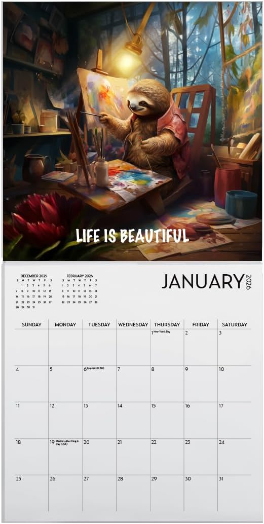 Sloth Calendar 2026, Large 12 x 12 inch Wall Calendar, Mindfulness Wall Calendar, Inspirational Sloth Gift