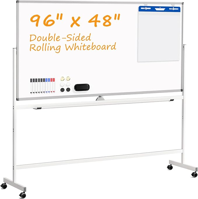 Rolling White Board on Wheels, 96" x 48" Double-Side Magnetic Dry Erase Board with Stand, Aluminum Frame Extra Large Mobile Standing Whiteboard for Office, Classroom & Home