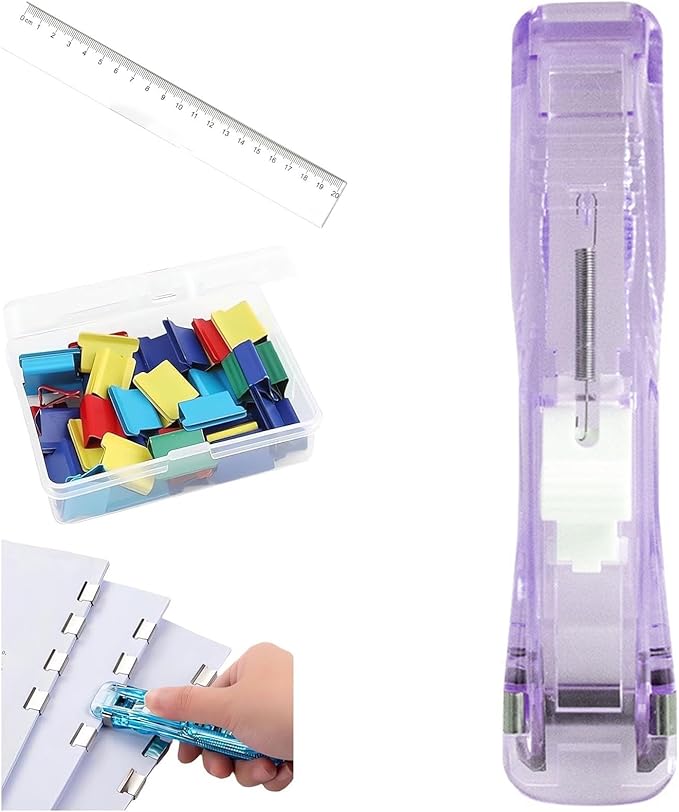 Portable Binder Clip Stapler, Includes 50 Reusable Clips, Push Clip Stapler, Small Binding Office Supplies Handheld Staplers Staples Set, Binder Clips Paper Clamps (E)