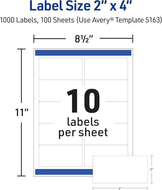 Avery Printable Shipping Labels with Sure Feed, 2" x 4" Customizable Stickers, White, 1,000 Blank Mailing Labels, Great for Mailing, Shipping, and More (5163)