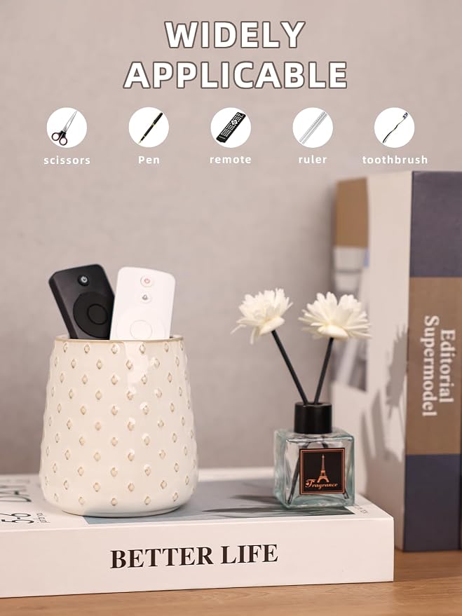 GDCZ Ceramic Remote Control Holder, Remote Caddy Organizer Storage, Remote Organizer for Table, TV Remote Holder, Makeup Brush Pen Holder, 4.2" (White)