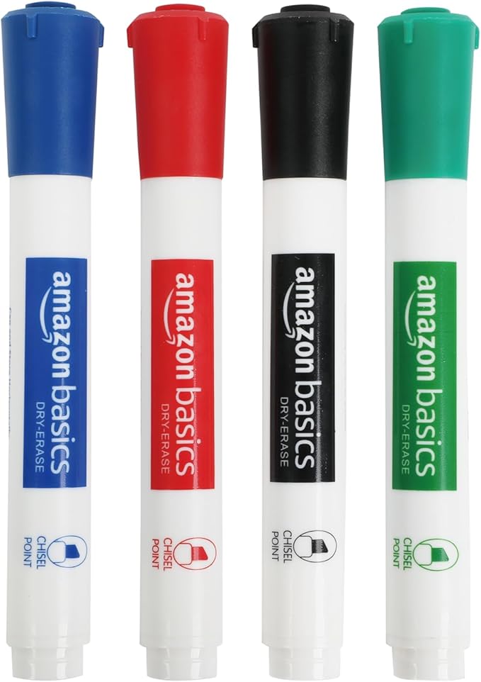 Amazon Basics Low-Odor Dry Erase Whiteboard Markers, Chisel Tip, Quick-Dry, Black, Red, Green, Blue, 4-Pack