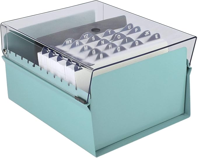Acrimet 5 X 8 Card File Holder Organizer Box Metal Base Heavy Duty (AZ Index Cards and Divider Included) (Green Color with Clear Crystal Plastic Lid Cover)