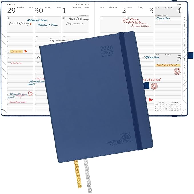 POPRUN Planner 2026-2027, Large-8.5" x 10.5", Academic Planner 2026-2027 Weekly and Monthly (July 26-June 27) Hourly Appointment Book with Inner Pockets, Leather Soft Cover, 100GSM - Navy Blue