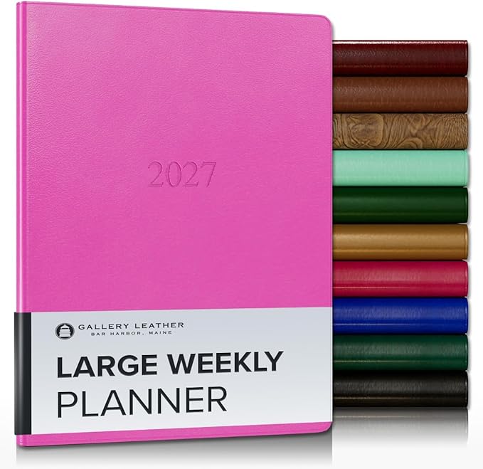 Gallery Leather Large Weekly Monthly Planner 2027, Elegantly Bound Calendar Planner and Notebook with Stylish Gold-Gilded Page Edges, 12 Months - Caribbean Fuchsia - 9.75x7.5"