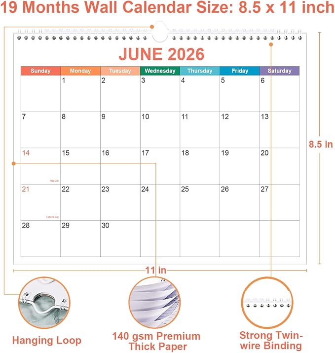 Calendar 2026-2027, Wall Calendar 2026-2027 from June 2026 - December 2027, 19 Months Calendar with Premium Paper, Twin-Wire Binding & Hanging Hook, 8.5" x 11", Colorful