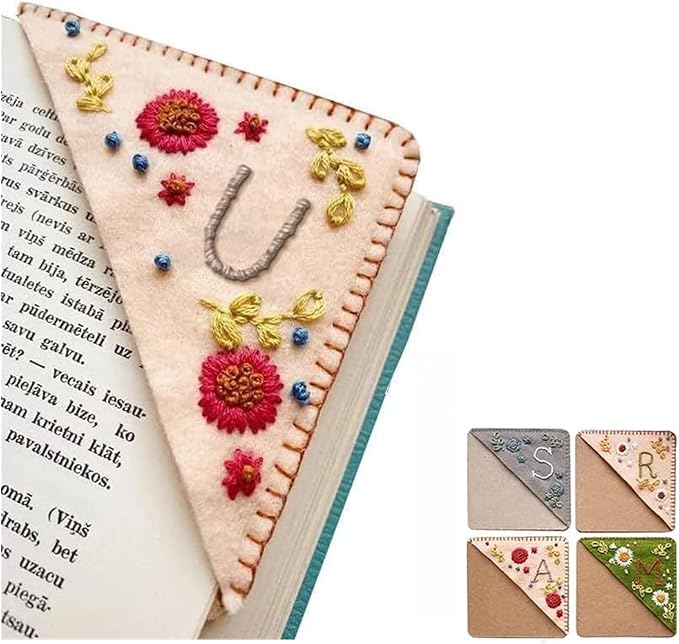 Personalized Hand Embroidered Corner Bookmark, 26 Letters Cute Flower Embroidered Corner Bookmark Embroidery Book Marker Clip for Book Lovers Bookmarks for Reading Lovers Meaningful GIF (Fall, U)