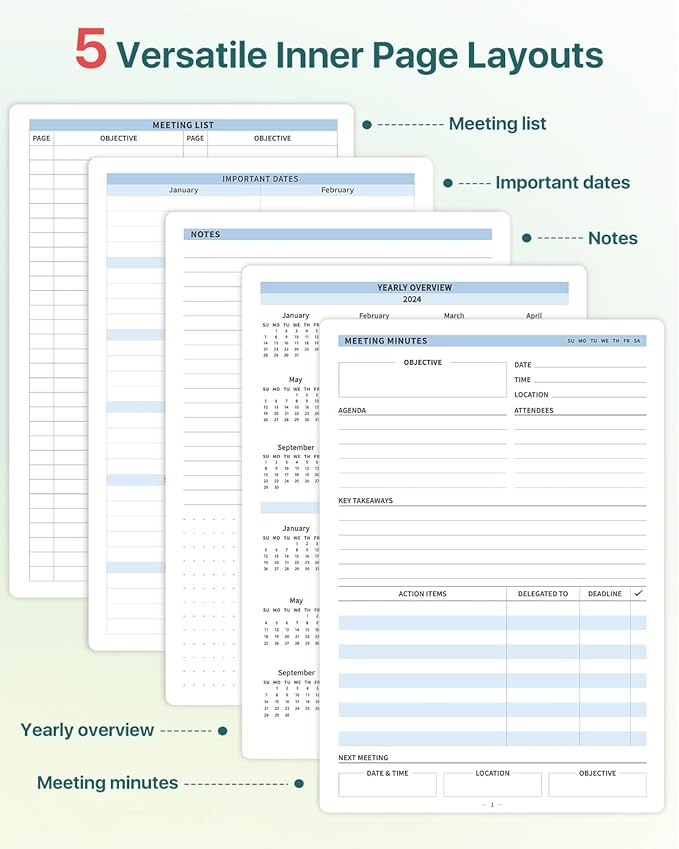 WEMATE Meeting Notebook for Work, Work Planner Notebook With Action Items, Easily Take Meeting Notes & Keep Agendas on Track, Calender, Index Page, Inner Pocket, 7×10 Inch, Olive Green