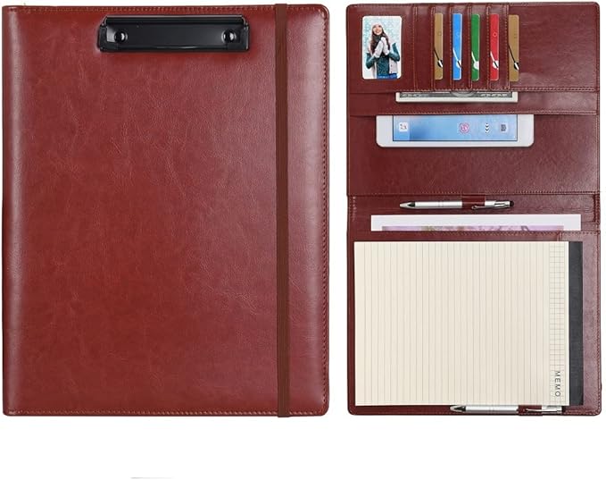 Wonderpool A4 PU Leather Clipboard Partfolio Notepad Forms Holders Document Case - Interview Planner Meeting Writing Padfolio File for Office Travel School Hotel Hospital (A4,Brown)