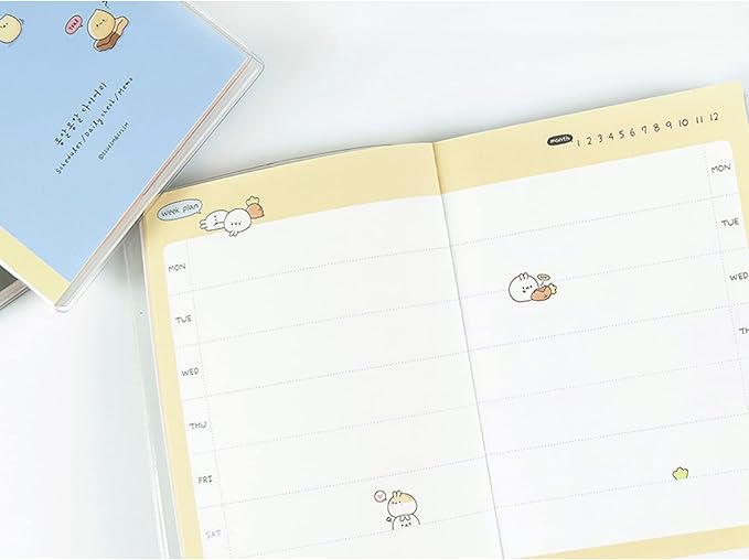 Kawaii Mini Korean Weekly Undated Planner + 1 dalgaru sticker sheet - 128 pages, Soft PVC Cover Cute Small stationery for school, academic, teens, women, girls (Carrot Cake (Yellow))