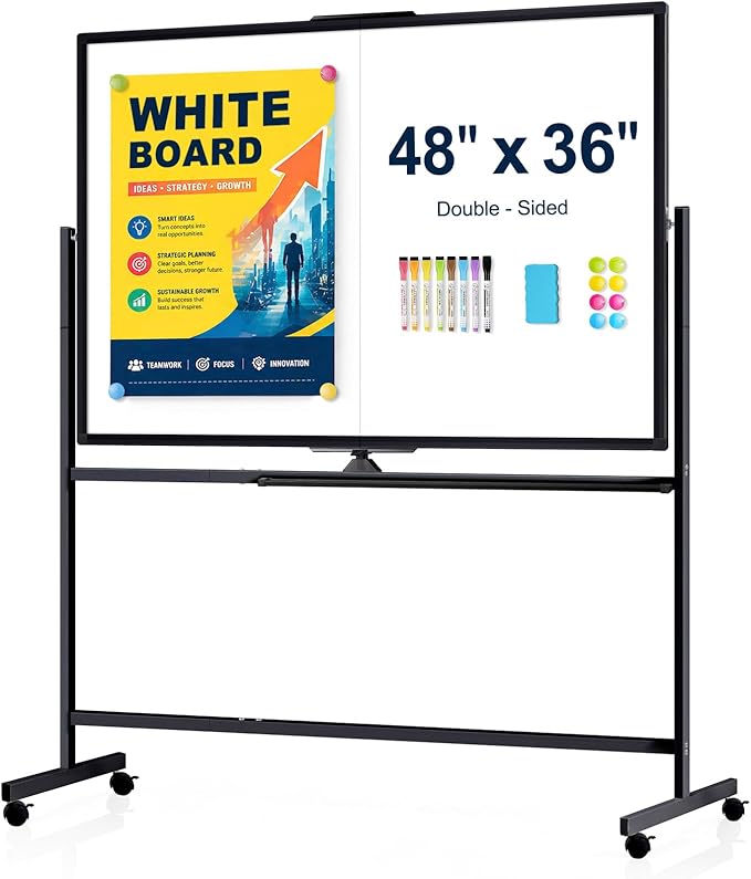 48" X 36" Large Rolling Whiteboard, 360°Rotation Magneitic White Board with Stand, Double Sides Whiteboard Easel on Wheels, Big Dry Erase Board for Office, School, Home