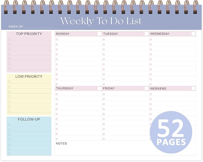 Weekly To Do List Notepad, 52 Sheets, Undated Weekly Planner, Letter Size | 8.5"x11", 100GSM, Thick Paper, Twin-Wire Spiral Bound, Tear Off Desk Pad, For Women & Man, Home School & Office Work