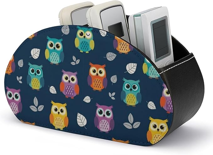 Desk Organizer and Remote Holder, 5-Compartment PU Leather Storage Box for TV Controllers, Office, and Home Supplies, Cute Owl